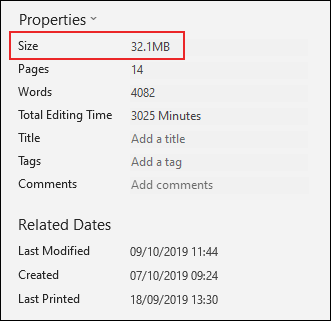 O "Tamanho" de um documento do Word (32,1 MB) no menu Propriedades. 