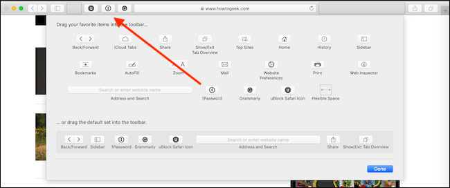 Mova um botão do painel de personalização para a barra de ferramentas do Safari