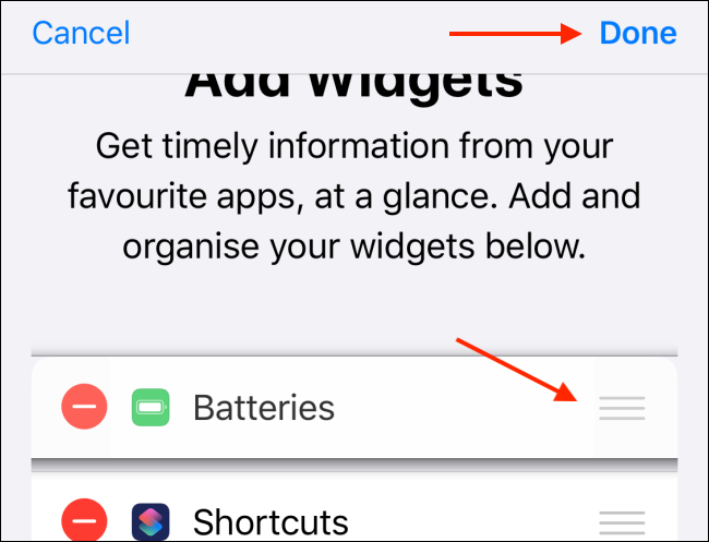 Mova o widget usando o ícone de alça e toque em Concluído