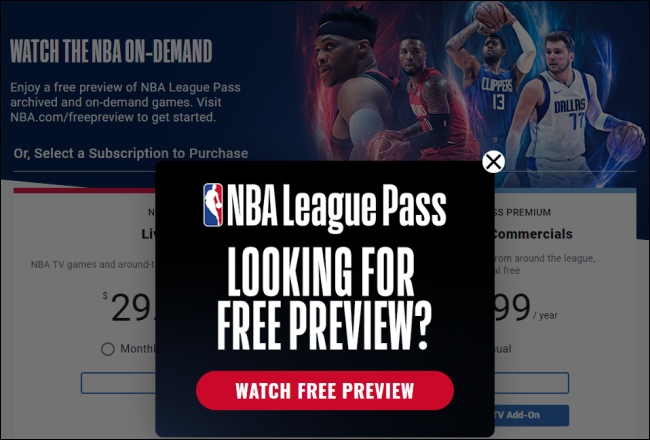 A página de visualização gratuita do passe da NBA League.