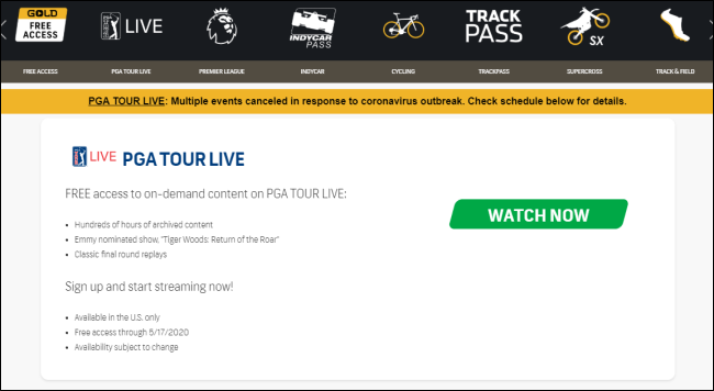 O site de acesso gratuito do NBC Sports Gold.