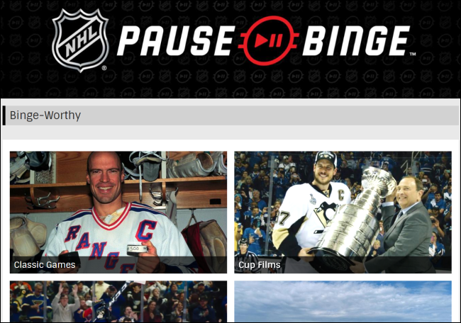 O site da NHL Pause Binge.
