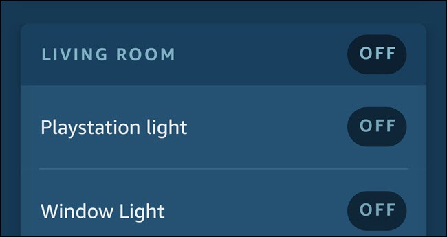 Aplicativo Alexa mostrando duas luzes chamadas Playstation Light e Window Light