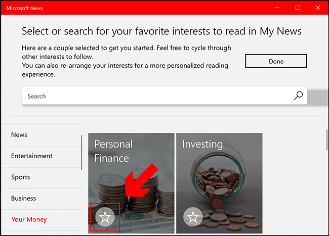 No aplicativo Microsoft News, pesquise as categorias no menu à esquerda e, quando encontrar um interesse de seu interesse, clique no ícone de estrela