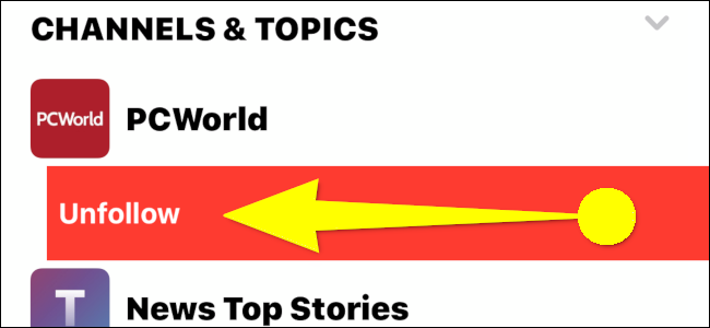 Deslize para deixar de seguir um canal ou tópico no app Notícias