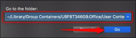 Digite "~ / Library / Group Containers / UBF8T346G9.Office / User Content / Templates" no painel "Go to the Folder".