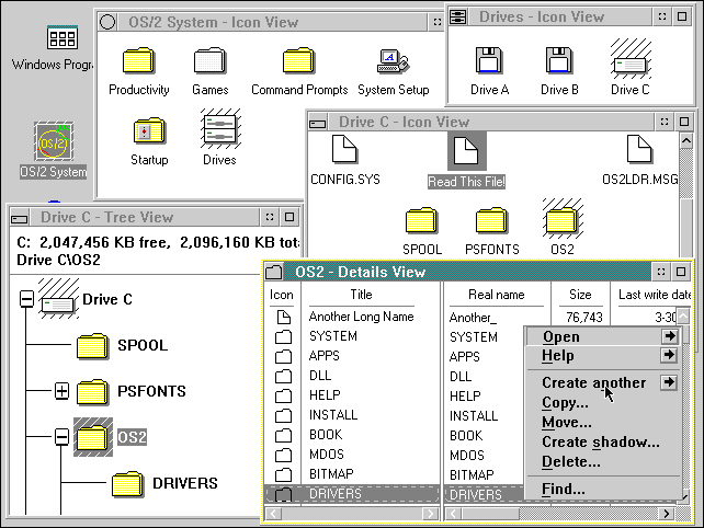 Cinco janelas são abertas no IBM OS / 2 versão 2.