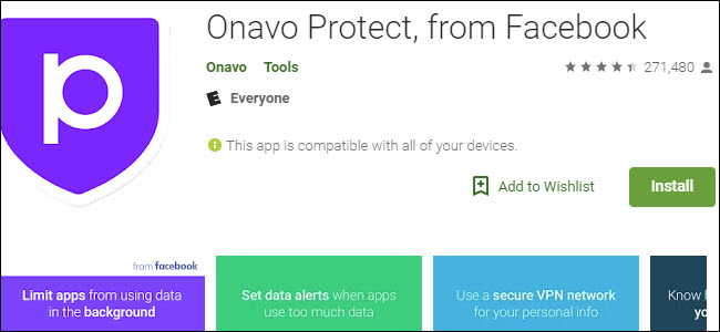 Lista do Onavo Protect no Google Play