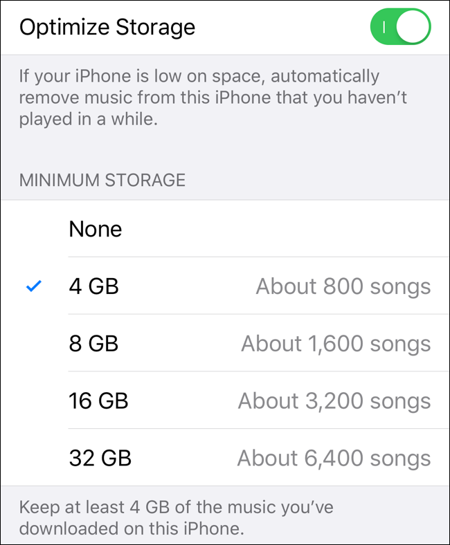 Selecione Armazenamento Mínimo em Otimizar Armazenamento para Apple Music