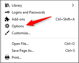 Selecione "Opções" no menu do Firefox.