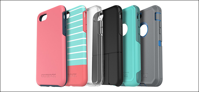 Seis capas para celular Otterbox em várias cores e designs.