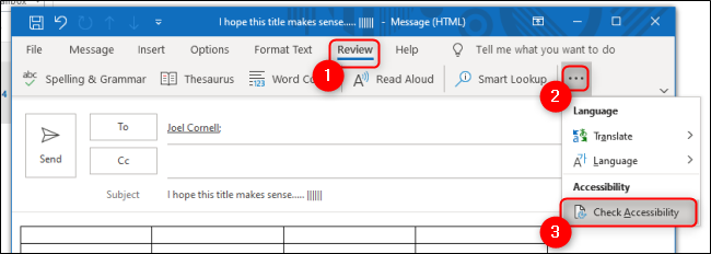 Verificador de acessibilidade do Outlook na guia Revisão