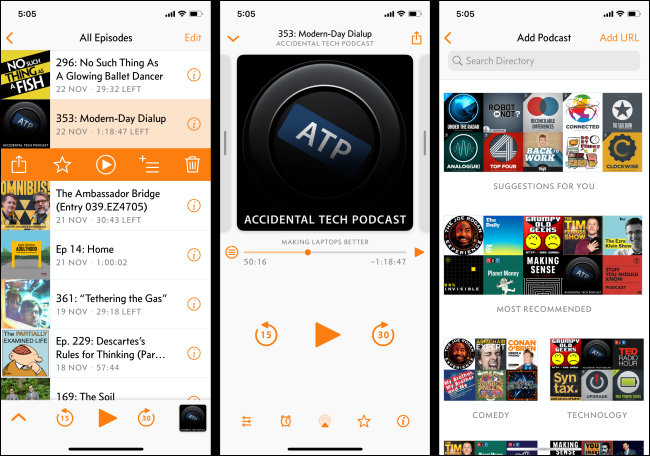 Os menus "Todos os episódios", "Adicionar Podcast" e Reprodução no aplicativo de podcast Overcast em um iPhone.