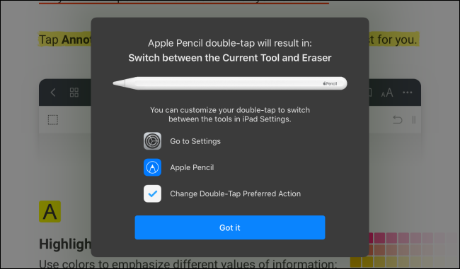 O PDF Expert 7 oferece suporte às ações de toque duplo e exibirá uma caixa de diálogo útil quando você usar o recurso pela primeira vez.
