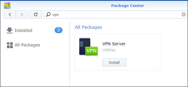 Centro de pacotes com a instalação do servidor VPN sendo exibida.