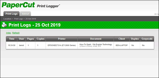 Um exemplo de registro de impressão na página de administração do PaperCut Print Logger