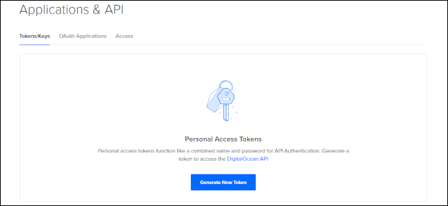 A guia "Tokens / Chaves" no menu "Aplicativos e API" no DigitalOcean.