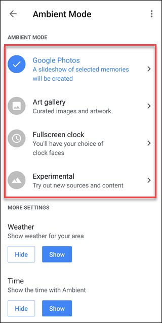 Configurações do modo ambiente com destaque nas opções do Google Fotos, Galeria de arte etc.