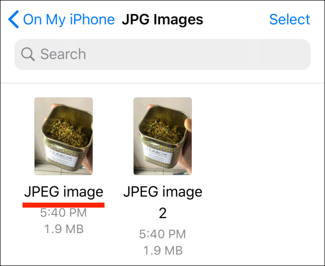 Fotos em formato JPG no aplicativo Arquivos