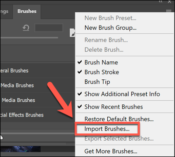 Pressione o botão de opção do menu de configurações no painel Pincéis e pressione Importar pincéis para começar a importar novos pincéis