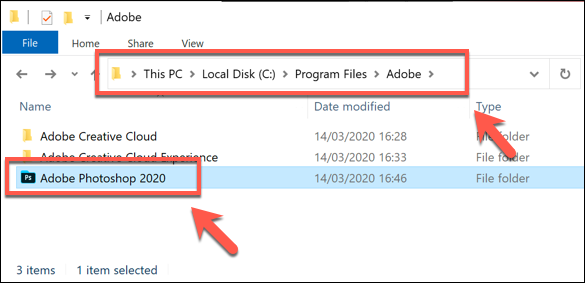 O diretório de instalação do Adobe Photoshop no Windows