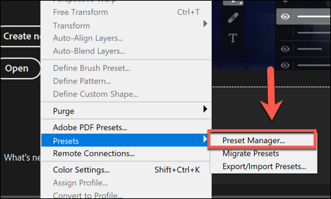 Para carregar pincéis no Photoshop, pressione Editar> Predefinições> Gerenciador de predefinições.