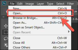 Pressione Arquivo> Abrir para abrir um arquivo no Photoshop