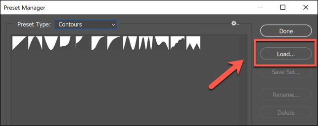 Na janela do Photoshop Preset Manager, pressione o botão Carregar