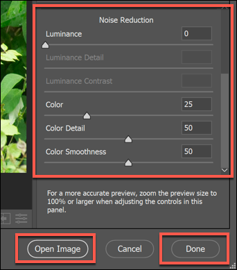 As opções de redução de ruído para um arquivo de imagem RAW nas opções do Photoshop Camera Raw