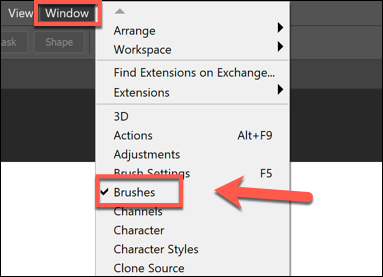 Pressione Janela> Pincéis para mostrar o painel do menu Pincéis no Photoshop