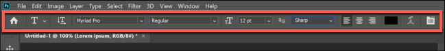 A barra de opções de texto no Photoshop.