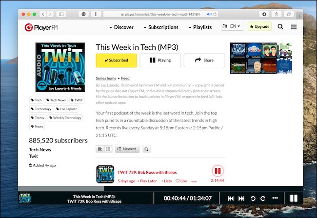 Player FM Web player em execução no Safari no Mac