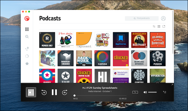 O menu "Podcasts" do Pocket Casts em um Mac.