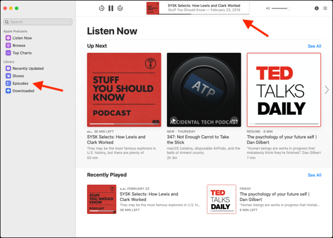 O menu "Ouça agora" no aplicativo Podcasts.