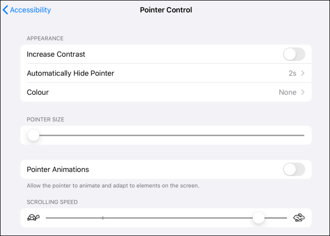 Opções de controle de ponteiro para cursor no iPad