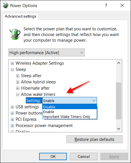 Opções de energia Wake Timer Desktop