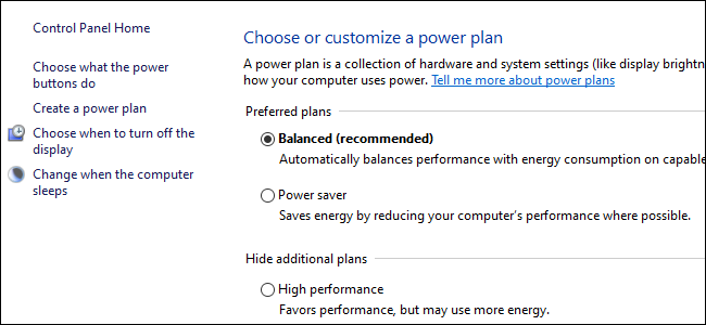 Três botões de opção exibindo opções de plano de energia no Painel de Controle do Windows 10