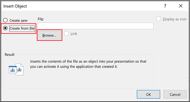No menu de inserção de objetos do PowerPoint, clique em Criar a partir de Arquivo e em Procurar