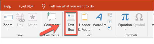 Pressione Inserir> Caixa de Texto para adicionar uma caixa de texto no PowerPoint