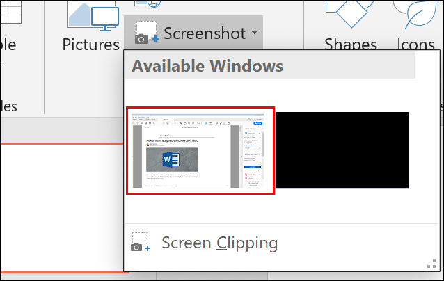 Selecione o destino da captura de tela no menu de opções Capturas de tela no PowerPoint