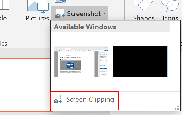 Clique em Inserir> Captura de tela> Corte de tela para obter uma captura de tela parcial e colá-la em sua apresentação do PowerPoint