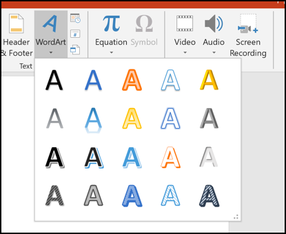 Várias opções de WordArt no PowerPoint