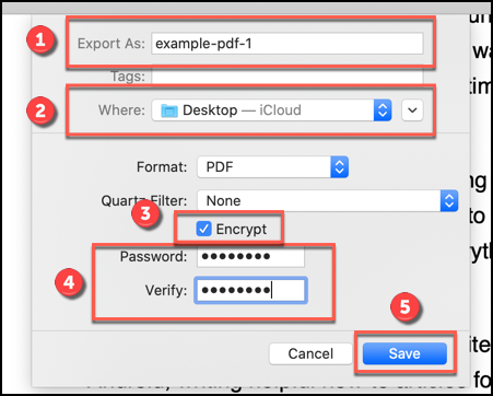 As várias opções para exportar um documento PDF usando o aplicativo Preview no macOS