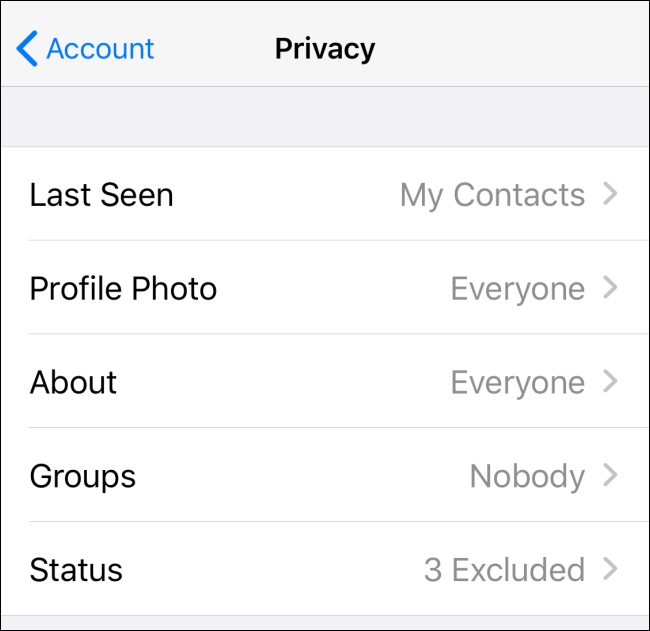 O menu "Privacidade" no WhatsApp.