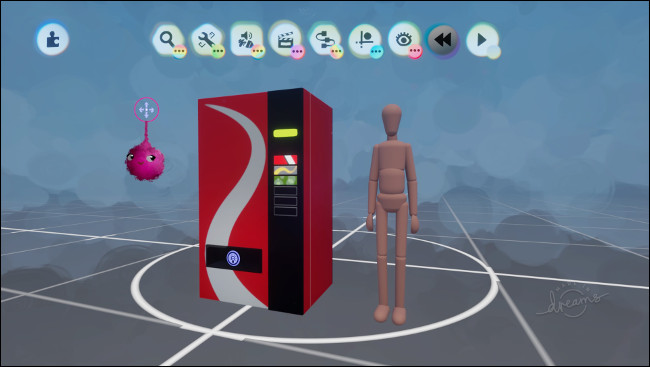 Uma máquina de vendas ao lado da forma de uma pessoa no modo "Dreamscaping".
