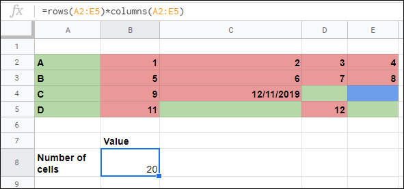 As funções ROWS e COLUMNS usadas para calcular o número de células em um intervalo no Planilhas Google