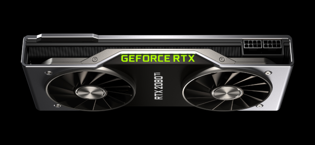 Uma visão aérea da placa de vídeo RTX 2080 Ti em um fundo preto.