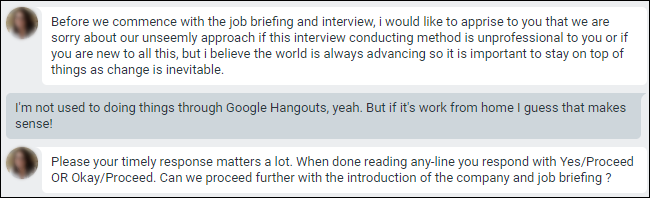 Bate-papo do Google Hangouts com pedido de desculpas por conduzir entrevistas pelo bate-papo