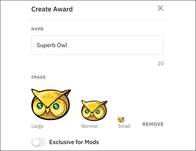 O menu Mod "Criar Prêmio" no Reddit.