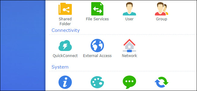 Painel de controle de Synology mostrando as opções QuickConnect e Acesso externo.